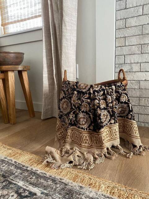Handblock Print Cotton Throw Blanket Boho Sofa Decor, Tassels, Hand Loomed Color Block Throw Blanket - image 1