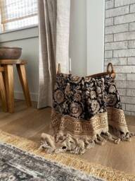 Handblock Print Cotton Throw Blanket Boho Sofa Decor, Tassels, Hand Loomed Color Block Throw Blanket - thumbnail 1