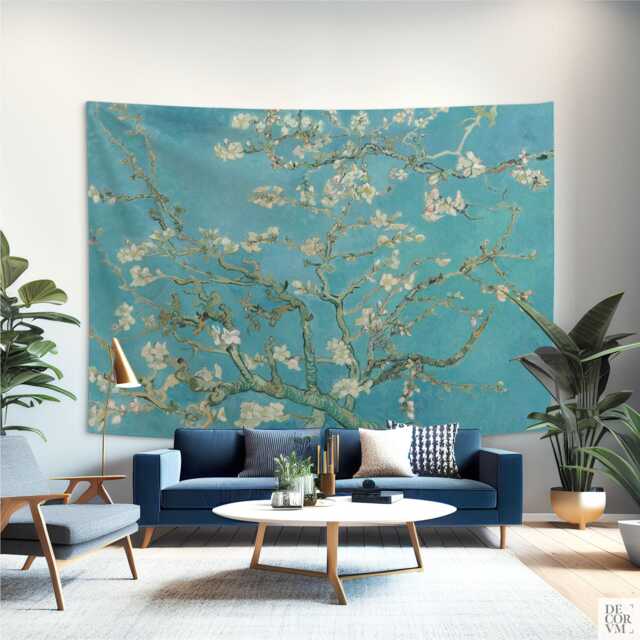 Turquoise Blue Wall Tapestry Living Room, Vincent Van Gogh Almond Blossom Botanical. Vag002Eu - image 1
