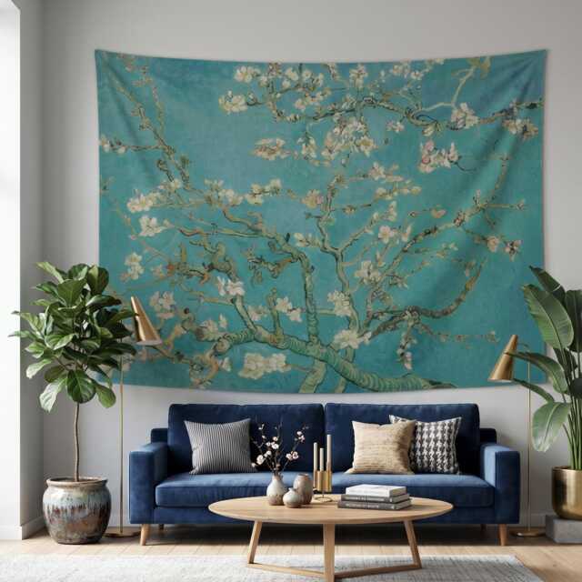 Turquoise Blue Wall Tapestry Living Room, Vincent Van Gogh Almond Blossom Botanical - image 1