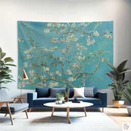 Turquoise Blue Wall Tapestry Living Room, Vincent Van Gogh Almond Blossom Botanical. Vag002Eu - thumbnail 1