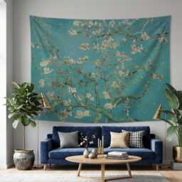 Turquoise Blue Wall Tapestry Living Room, Vincent Van Gogh Almond Blossom Botanical - thumbnail 1