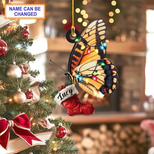 Custom Name Butterfly With Christmas Stocking Xmas Ornament, Tree Hanging Decor, Flat 2D Ornament - image 1