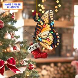 Custom Name Butterfly With Christmas Stocking Xmas Ornament, Tree Hanging Decor, Flat 2D Ornament