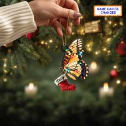 Custom Name Butterfly With Christmas Stocking Xmas Ornament, Tree Hanging Decor, Flat 2D Ornament - thumbnail 3