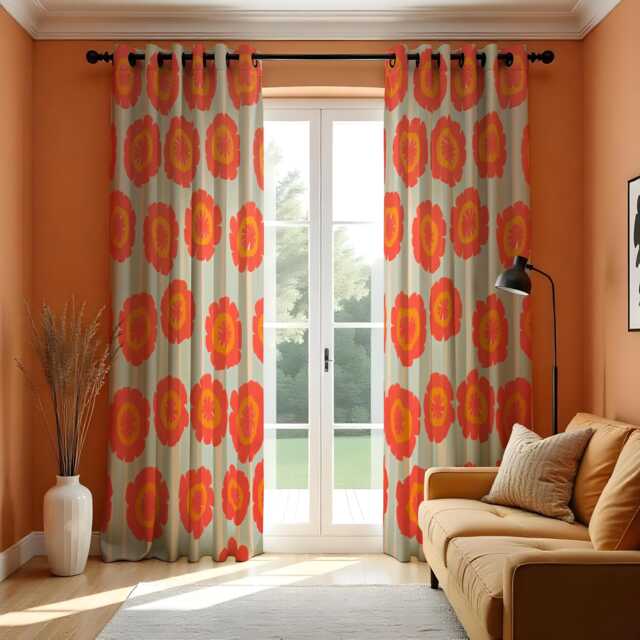 Retro Orange Flower Curtains, Mid Century Modern Bold Floral Drapes, Scandinavian Style Window Panels, Custom Made To Measure Curtains - image 1