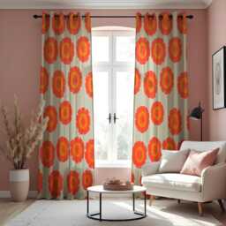 Retro Orange Flower Curtains, Mid Century Modern Bold Floral Drapes, Scandinavian Style Window Panels, Custom Made To Measure Curtains - thumbnail 2