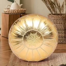 Handmade Gold Leather Pouf Moroccan Ottoman Footstool - thumbnail 2
