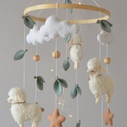 Sheep Baby Mobile Felt Sheep, Cloud & Star Nursery Decor - thumbnail 2