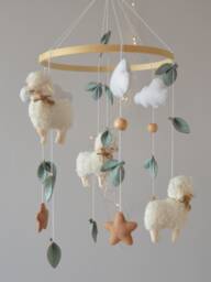 Sheep Baby Mobile Felt Sheep, Cloud & Star Nursery Decor - thumbnail 1