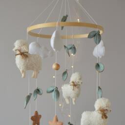 Sheep Baby Mobile Felt Sheep, Cloud & Star Nursery Decor - thumbnail 3