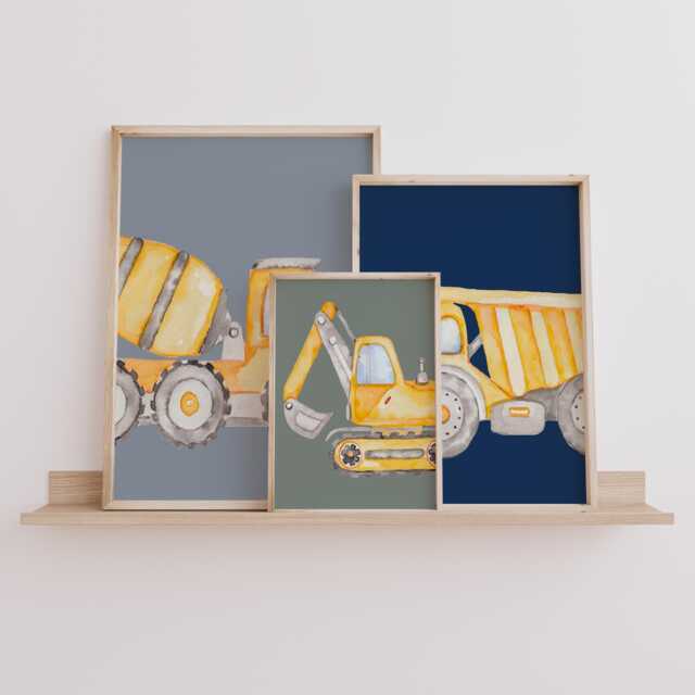 Construction Truck Wall Art Print Set Boy's Room Decor, Navy Blue - image 1