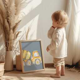 Construction Truck Wall Art Print Set Boy's Room Decor, Navy Blue - thumbnail 3