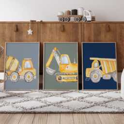 Construction Truck Wall Art Print Set Boy's Room Decor, Navy Blue - thumbnail 2