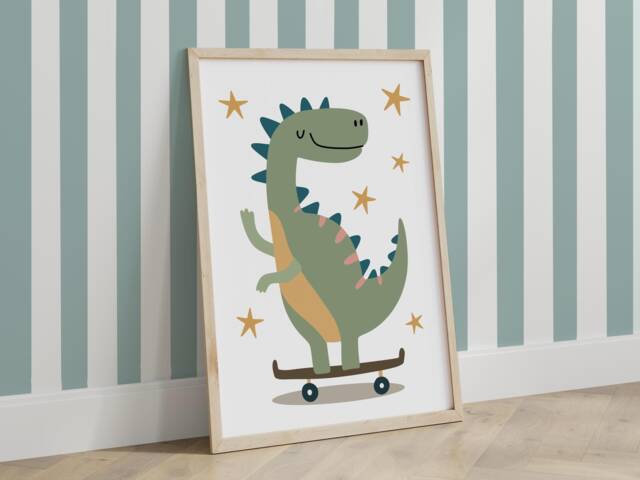 Cute Dinosaur On Skateboard Print, Boy Bedroom Playroom Decor - image 1
