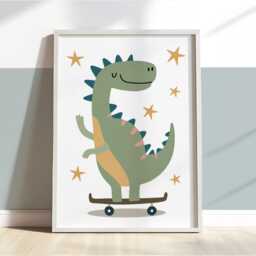 Cute Dinosaur On Skateboard Print, Boy Bedroom Playroom Decor - thumbnail 3