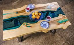 Live Edge River Coffee Table With Glowing Resin & Metal Base