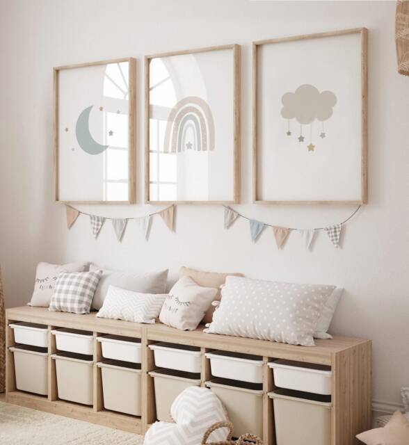 Gender Neutral Rainbow Moon Cloud Prints - Set Of 3, Baby Boy Print, Nursery Prints, Wall Art, New Baby, Kids Bedroom, Sleep, Gift - image 1