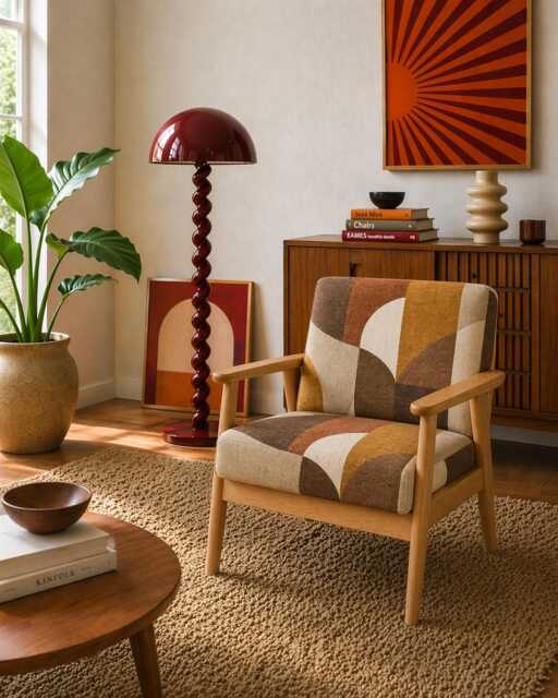 Upholstered Midcentury Modern Lounge Chair Armchair - Brown Abstract Geometric Pattern - image 1