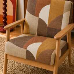 Upholstered Midcentury Modern Lounge Chair Armchair - Brown Abstract Geometric Pattern - thumbnail 2