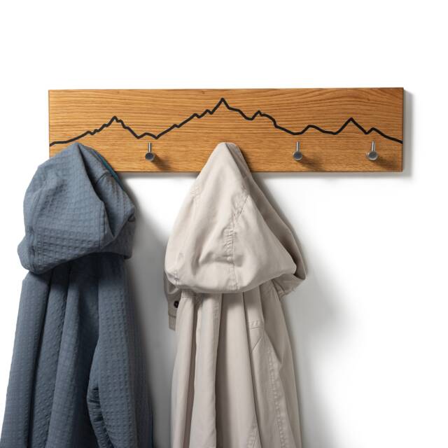 Oak Wall Coat Rack With Mountain Design - Wooden Hook Rail Towel Holder - image 1
