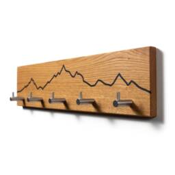 Oak Wall Coat Rack With Mountain Design - Wooden Hook Rail Towel Holder - thumbnail 2