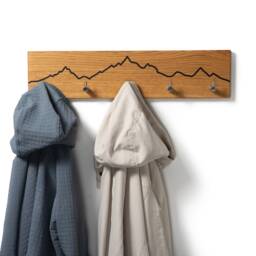 Oak Wall Coat Rack With Mountain Design - Wooden Hook Rail Towel Holder