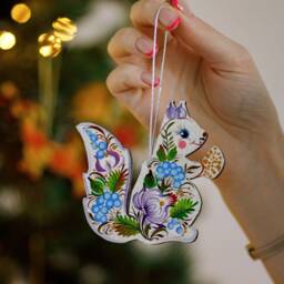 Squirrel Christmas Ornaments Handmade, Wooden Tree Animal Decorations Animal Unique Hand Painted Ukrainian Art - thumbnail 3