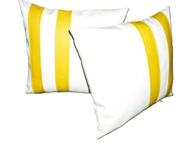 "2 White & Yellow Twin Stripe Faux Leather Cushions 16"" 18"" 20" - image 1