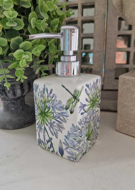 Lovely Agapanthus & Dragonfly Floral Decoupaged Ceramic Soap Dispenser.hand Decorated - image 1