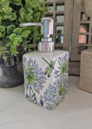 Lovely Agapanthus & Dragonfly Floral Decoupaged Ceramic Soap Dispenser.hand Decorated