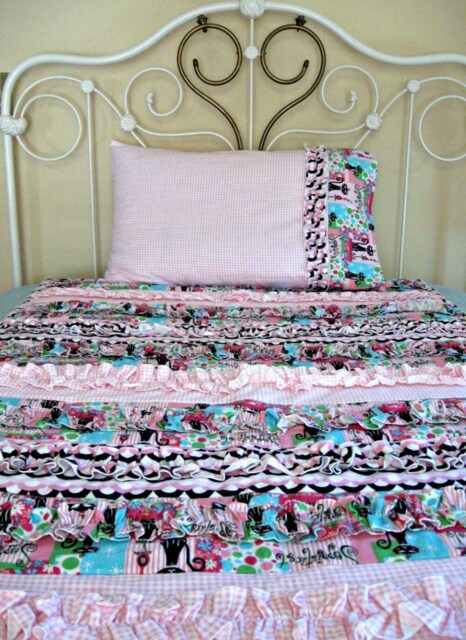 Handmade Flannel Ruffle Quilt & Pillow Sham Pink Aqua Black Kitty Decor - image 1