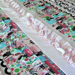 Handmade Flannel Ruffle Quilt & Pillow Sham Pink Aqua Black Kitty Decor - thumbnail 3