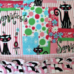 Handmade Flannel Ruffle Quilt & Pillow Sham Pink Aqua Black Kitty Decor - thumbnail 2