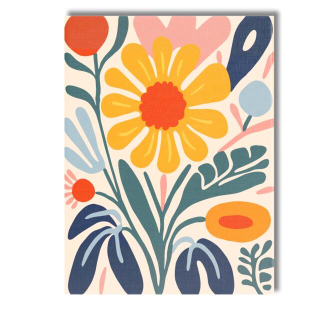Mid Century Yellow Bloom & Teal Foliage Botanical Artwork Canvas Wall Art Print Decor Picture Ready To Hang - image 1