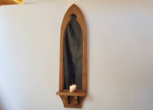 Gothic Arch Solid Wooden English Oak Keyhole Trefoil Wall Mirror & Shelf 106 cm Long Hand Made - image 1