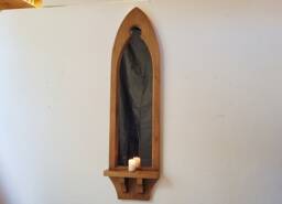 Gothic Arch Solid Wooden English Oak Keyhole Trefoil Wall Mirror & Shelf 106 cm Long Hand Made - thumbnail 1