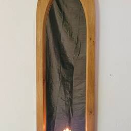Gothic Arch Solid Wooden English Oak Keyhole Trefoil Wall Mirror & Shelf 106 cm Long Hand Made - thumbnail 2