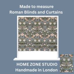 William Morris Strawberry Thief Roman Blind Custom Blue Grey Cotton - thumbnail 2