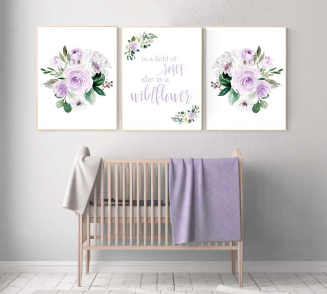 Lavender Floral Nursery Decor Wildflower Girl Wall Art - image 1