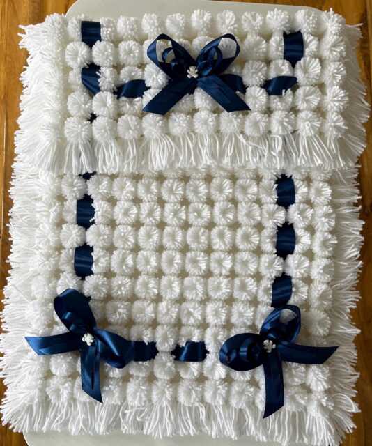 White Baby Pom Blanket With Navy Ribbons - image 1