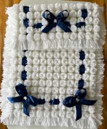 White Baby Pom Blanket With Navy Ribbons