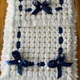 White Baby Pom Blanket With Navy Ribbons - thumbnail 2