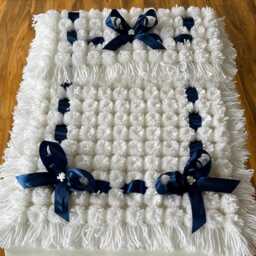 White Baby Pom Blanket With Navy Ribbons - thumbnail 4
