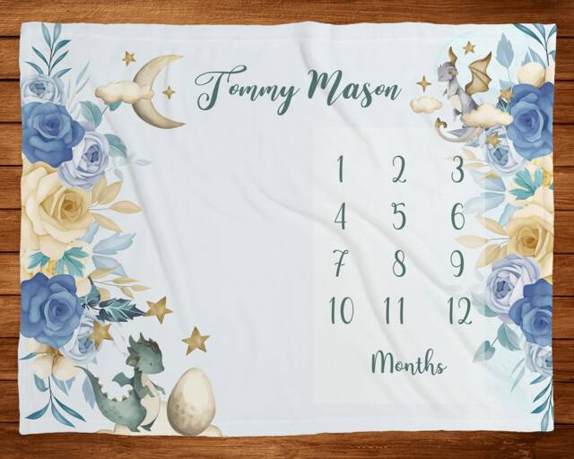 Dragon Milestone Blanket, Monthly Baby Photos Personalized Boy Blanket With Dragons, Shower Gift -Baby - image 1
