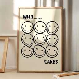 Who The Fck Cares Smiley Art Canvas Poster, Minimally Wall Art, Funny Aesthetic Decor, Retro Home Printed Gift - thumbnail 1