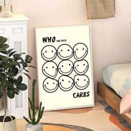 Who The Fck Cares Smiley Art Canvas Poster, Minimally Wall Art, Funny Aesthetic Decor, Retro Home Printed Gift - thumbnail 3