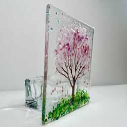 Cherry Blossom Tree Handmade Fused Glass Tealight Holder - thumbnail 2
