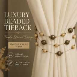 Luxury Triple Beaded Curtain Tieback - Antique Beige Metallic Ball Drapery Holdback Elegant Decor Window Tie Back 1 Meter - thumbnail 1