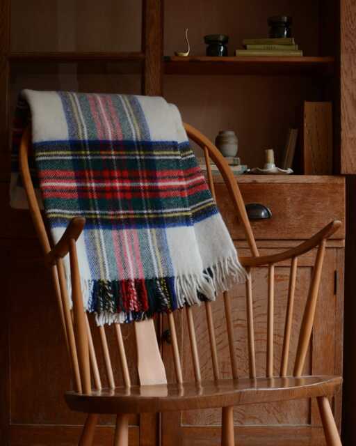 British Pure Wool Tartan Blanket - Highland Cream Red Blue Check Tweedmill Throw - image 1